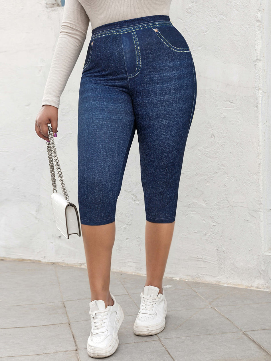 Plus Size Faux Denim Printed Cropped Leggings for Women