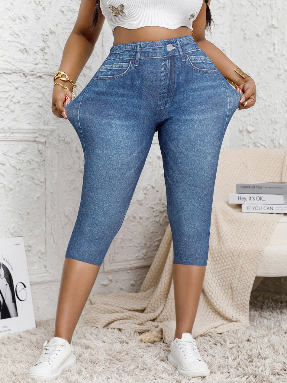 Plus Size Faux Denim Printed Cropped Stretch Leggings Women