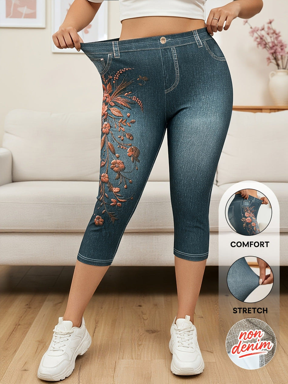 Plus Size Faux Denim Printed Cropped Leggings Women Stretch Fit