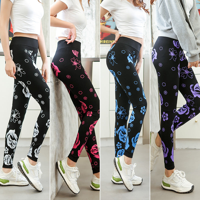 Plus Size Modal Rose Print Leggings Women Stretch Comfort Fit