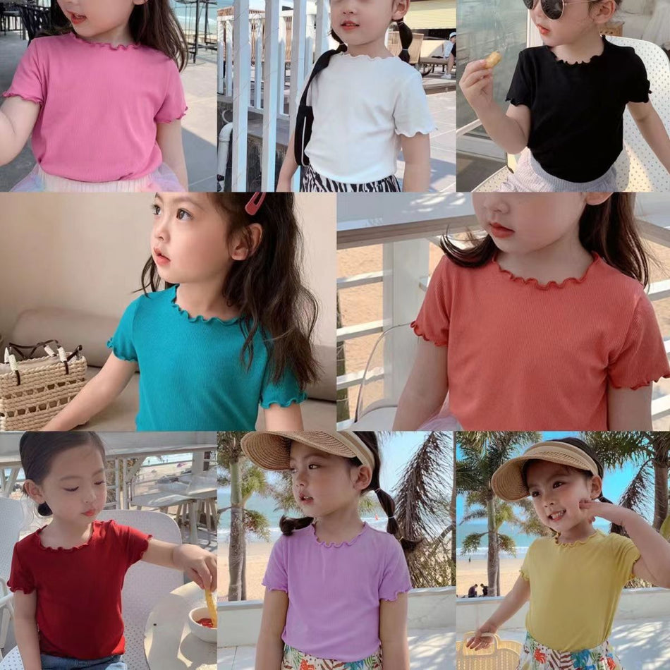 Girls' Striped Ice Silk Ruffle Sleeve Summer T-Shirt