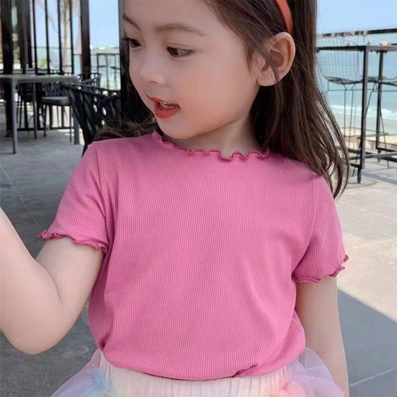 Girls' Striped Ice Silk Ruffle Sleeve Summer T-Shirt