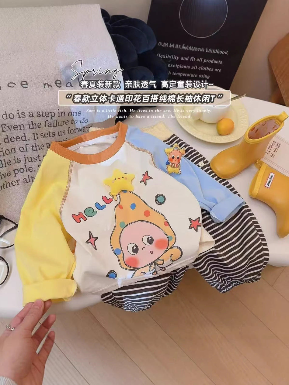 Girls' Cotton Cartoon Contrast Long Sleeve T-Shirt