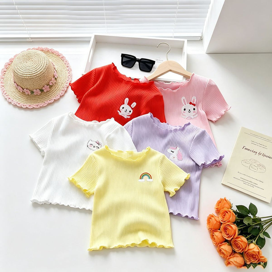 Girls' Ribbed Cartoon Embroidered Ruffle Sleeve T-Shirt