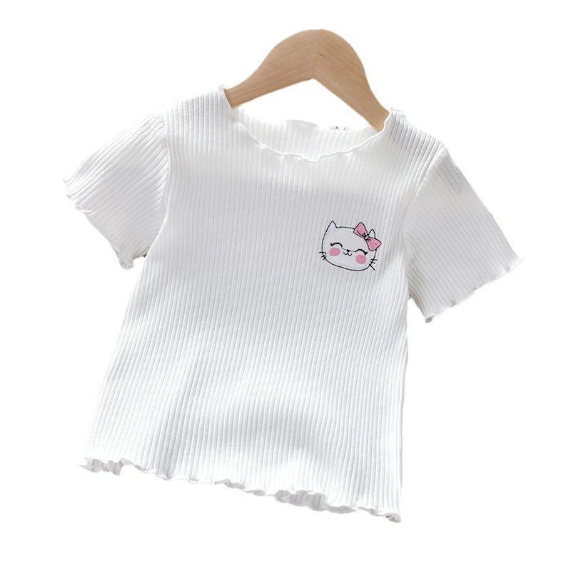 Girls' Ribbed Cartoon Embroidered Ruffle Sleeve T-Shirt