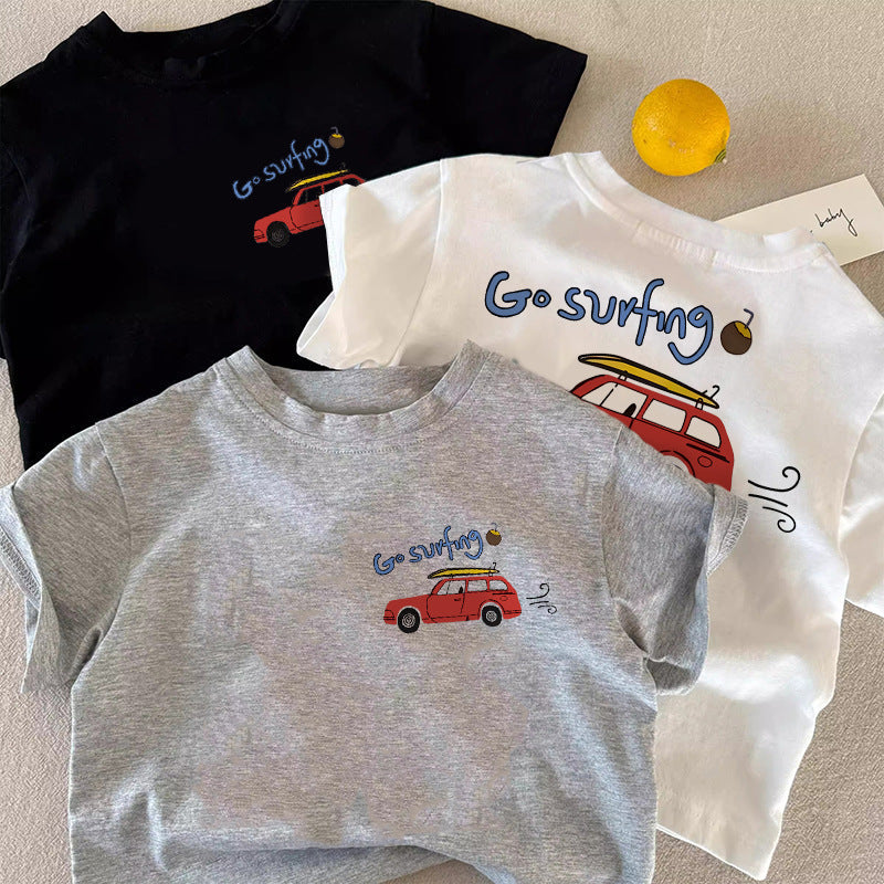 Kids' Cotton Cartoon Car Short Sleeve T-Shirt