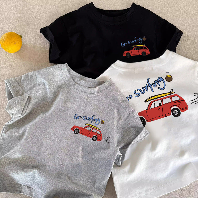 Kids' Cotton Cartoon Car Short Sleeve T-Shirt