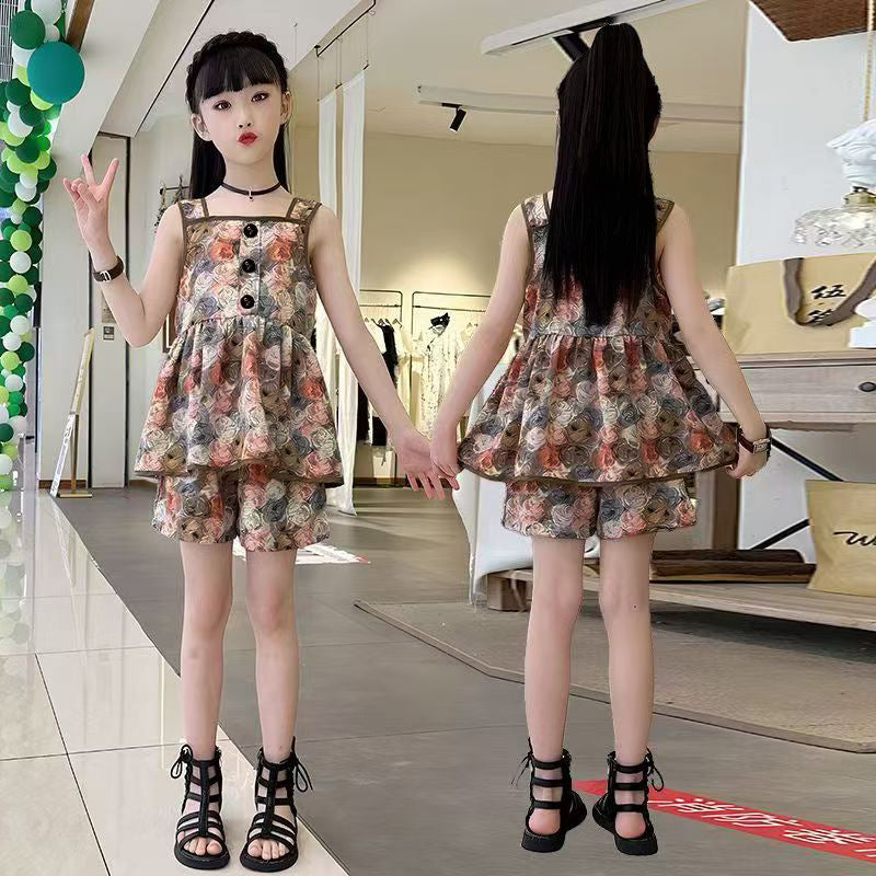 Girls' Floral Two-Piece Skirt Set with Short Sleeve Top