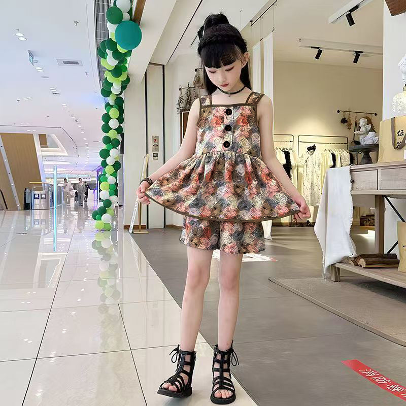 Girls' Floral Two-Piece Skirt Set with Short Sleeve Top