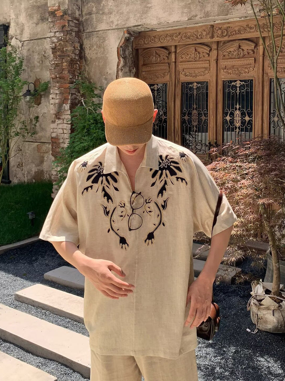 Men's Ethnic Embroidered Linen Short Sleeve Casual Vacation Shirt