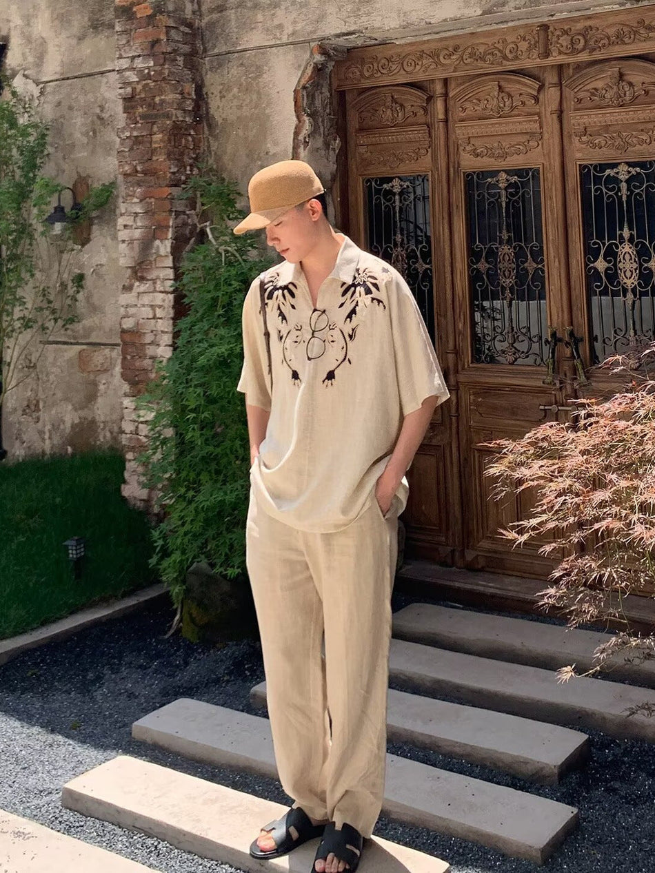 Men's Ethnic Embroidered Linen Short Sleeve Casual Vacation Shirt
