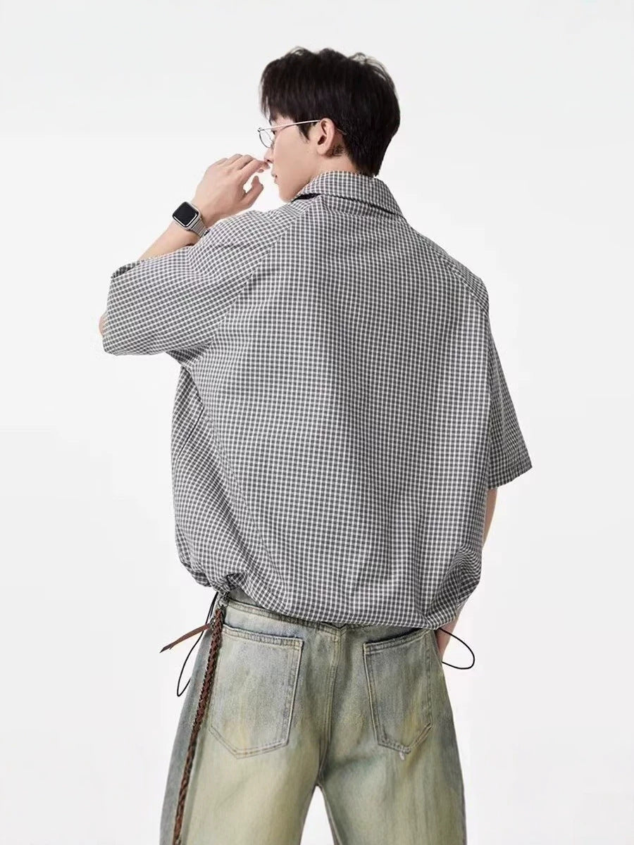 Men's Japanese Retro Plaid Short Sleeve Casual Lapel Shirt Jacket