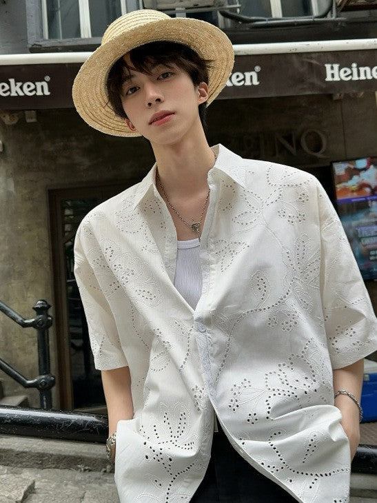 Men's White Hollow Out Cuban Collar Short Sleeve Summer Shirt
