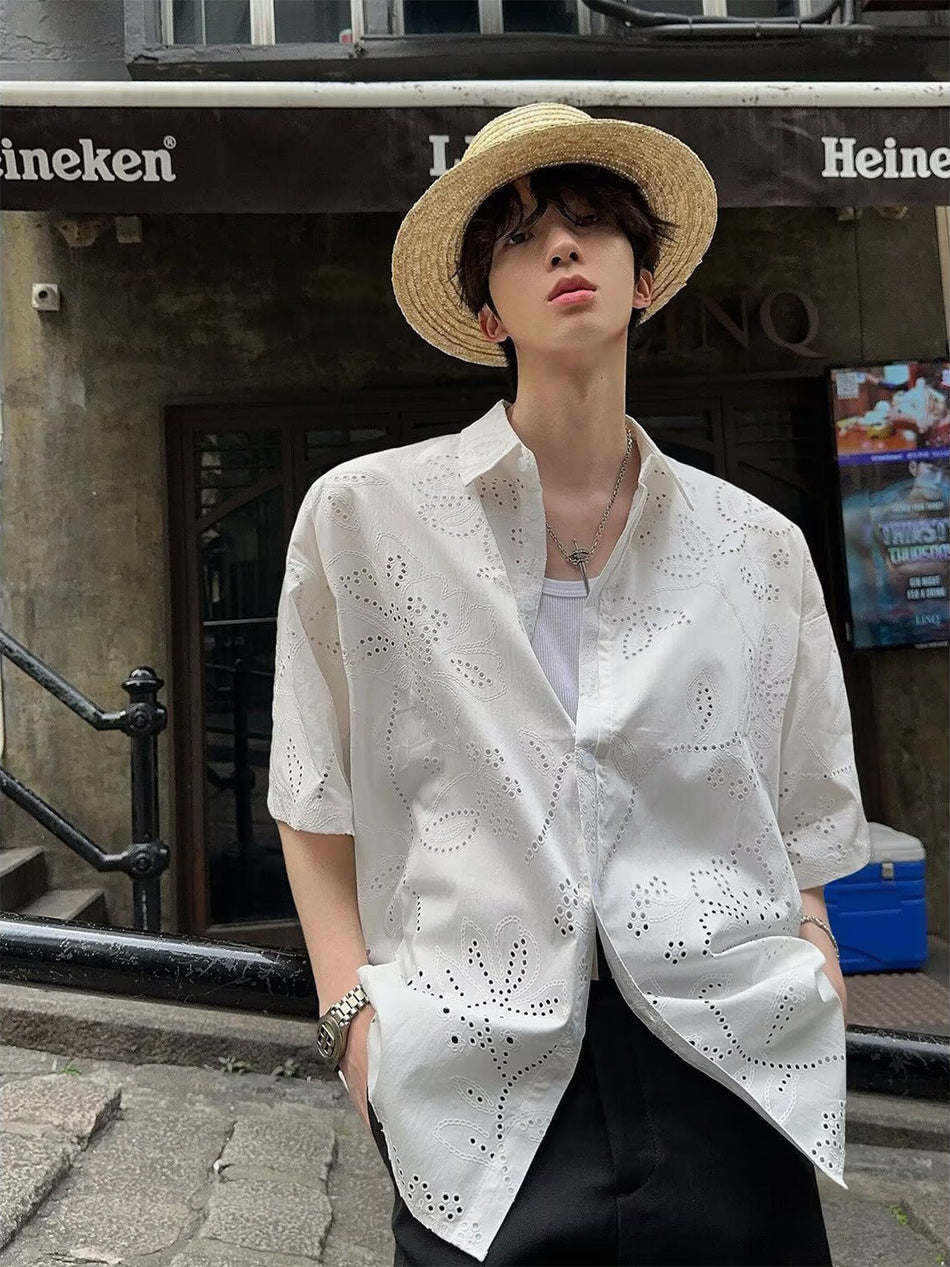 Men's White Hollow Out Cuban Collar Short Sleeve Summer Shirt