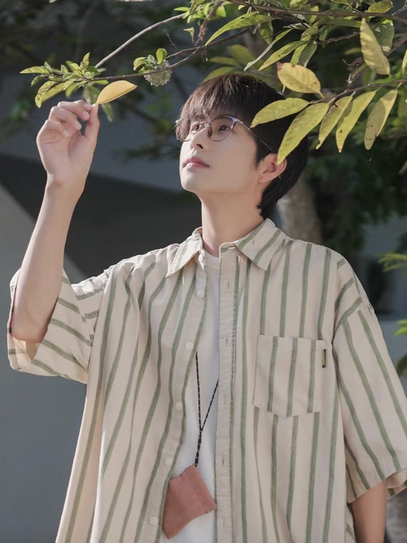 Men's Japanese Retro Striped Short Sleeve Loose Fit Summer Shirt