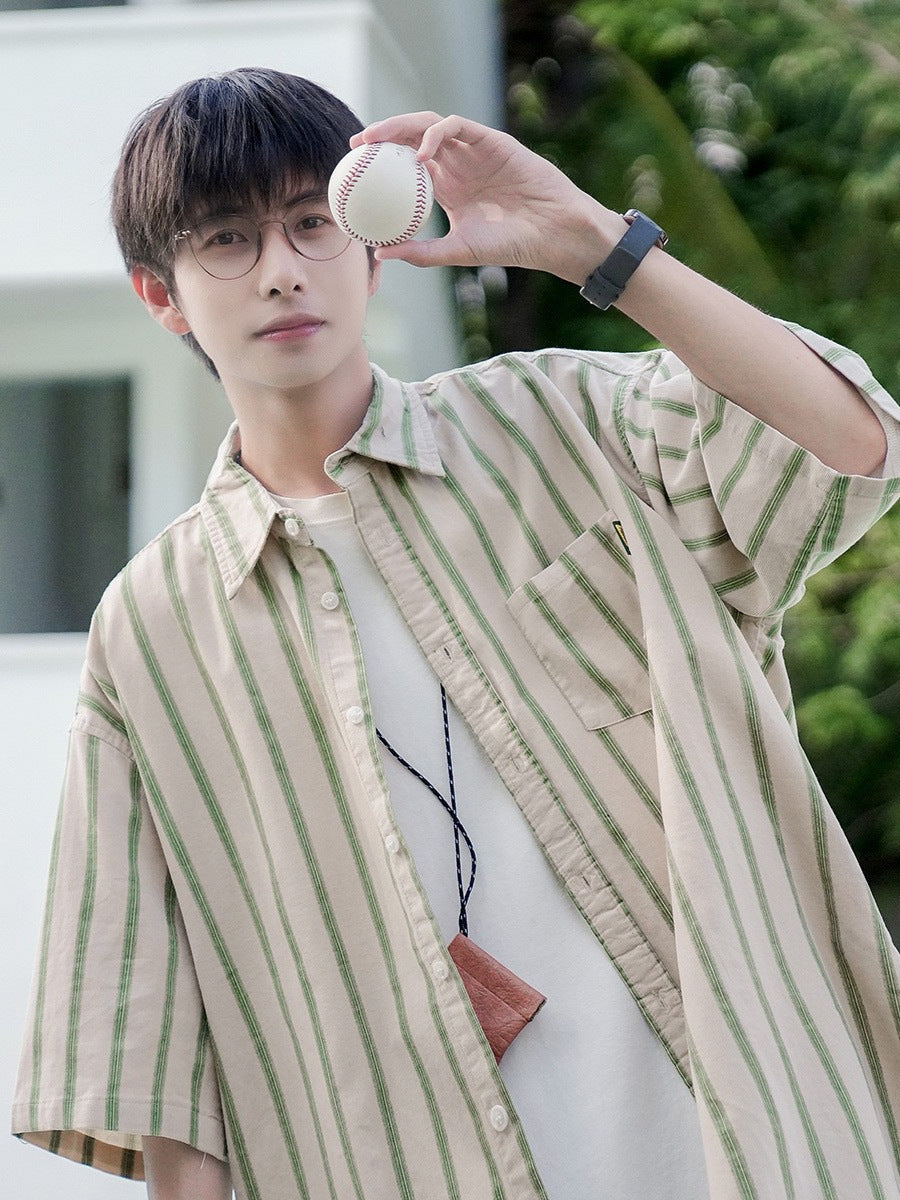 Men's Japanese Retro Striped Short Sleeve Loose Fit Summer Shirt