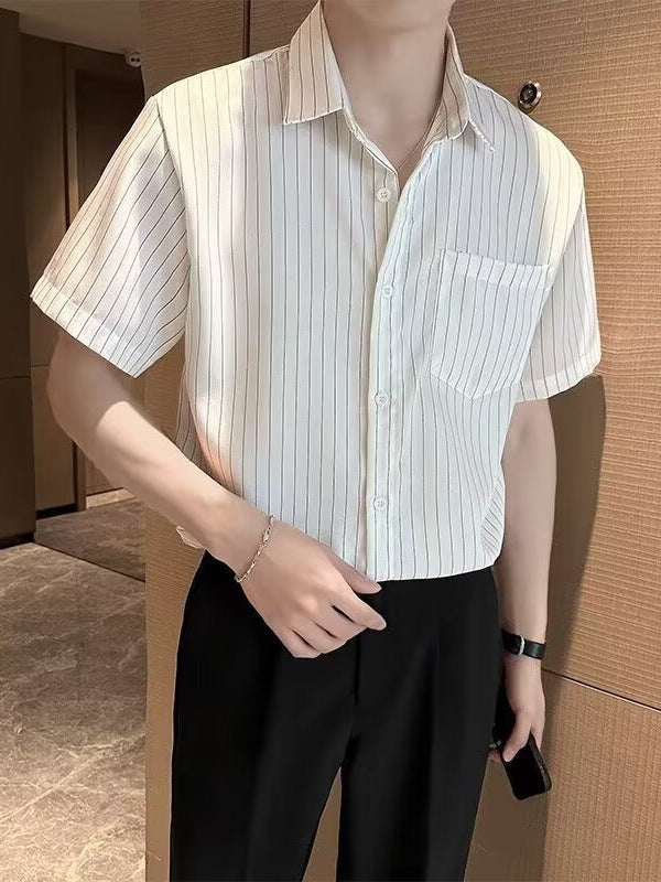 Men's White Black Striped Short Sleeve Casual Summer Shirt