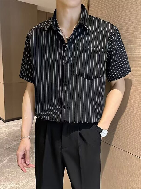 Men's White Black Striped Short Sleeve Casual Summer Shirt