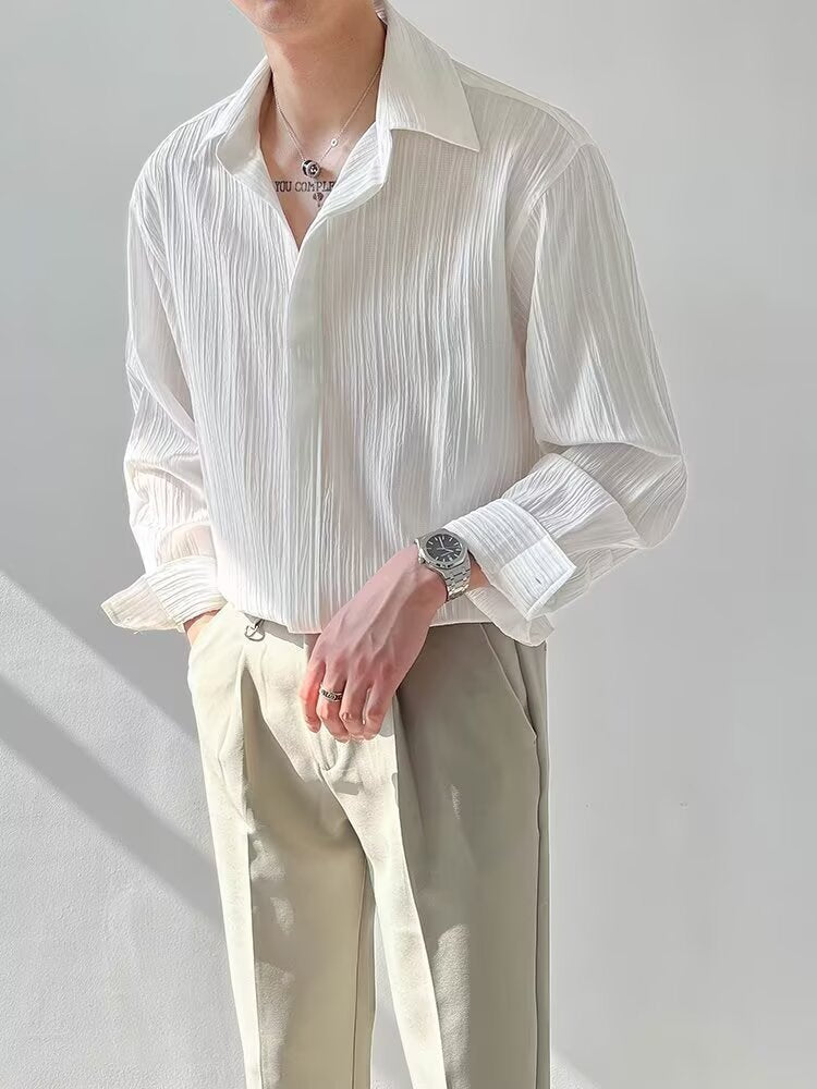 Men's Korean Style Pleated Loose Fit Long Sleeve Casual Shirt
