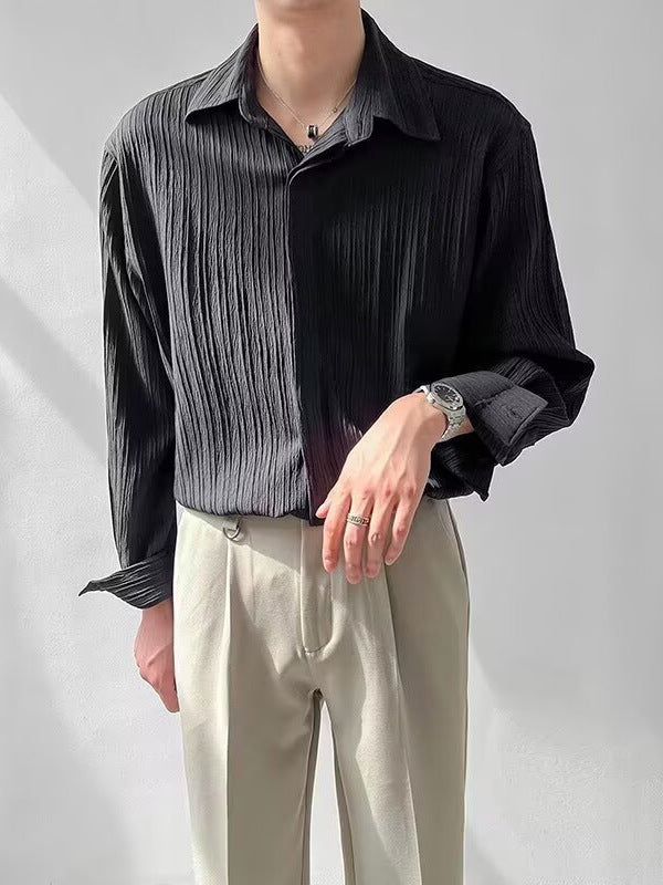 Men's Korean Style Pleated Loose Fit Long Sleeve Casual Shirt