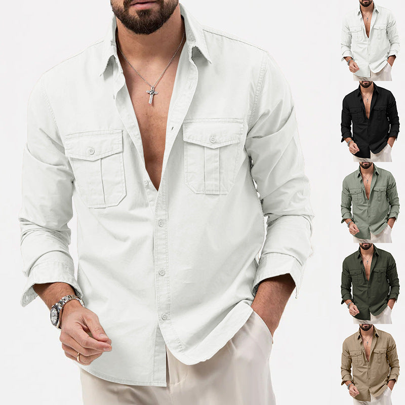 Men's Multi Pocket Casual Long Sleeve Shirt European Style Loose