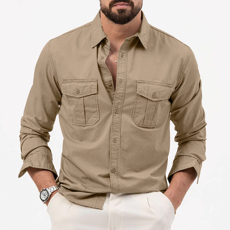 Men's Multi Pocket Casual Long Sleeve Shirt European Style Loose