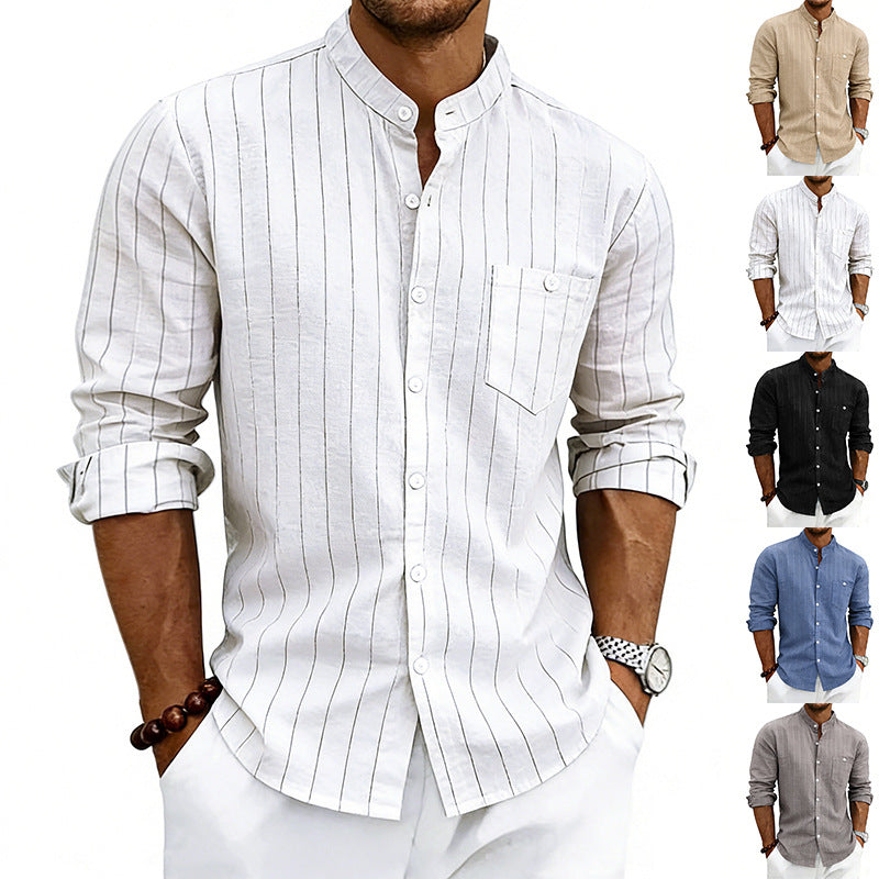 Men's Linen Jacquard Striped Stand Collar Casual Long Sleeve