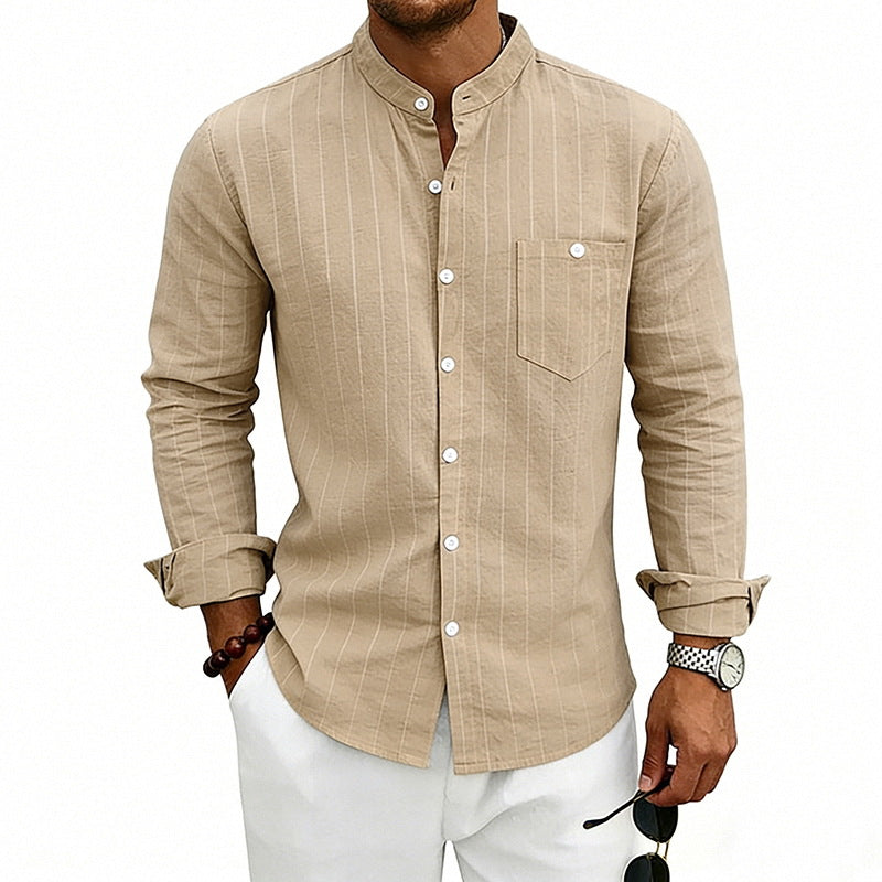 Men's Linen Jacquard Striped Stand Collar Casual Long Sleeve