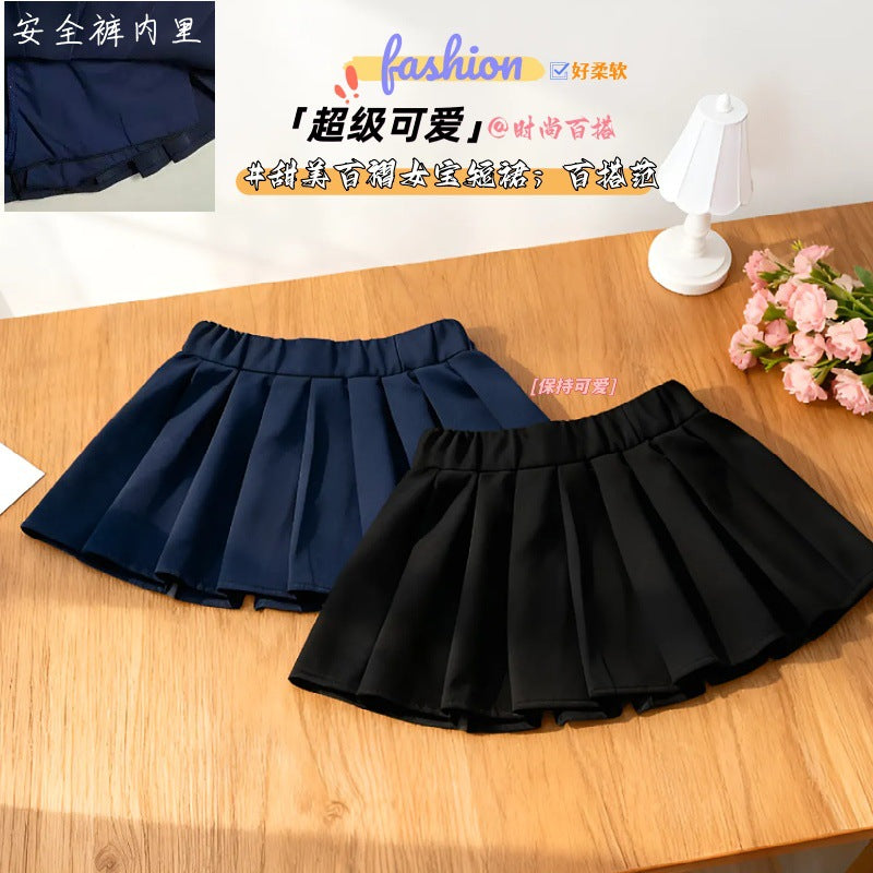 Girls' French Style Solid Pleated Academy Skirt