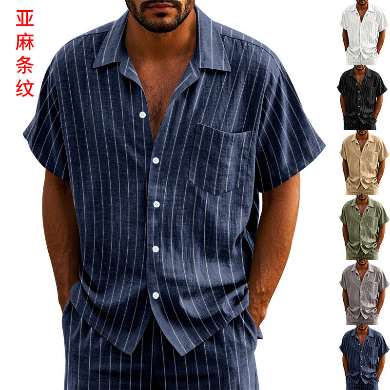 Men's Linen Jacquard Vertical Stripe Lapel Casual Short Sleeve