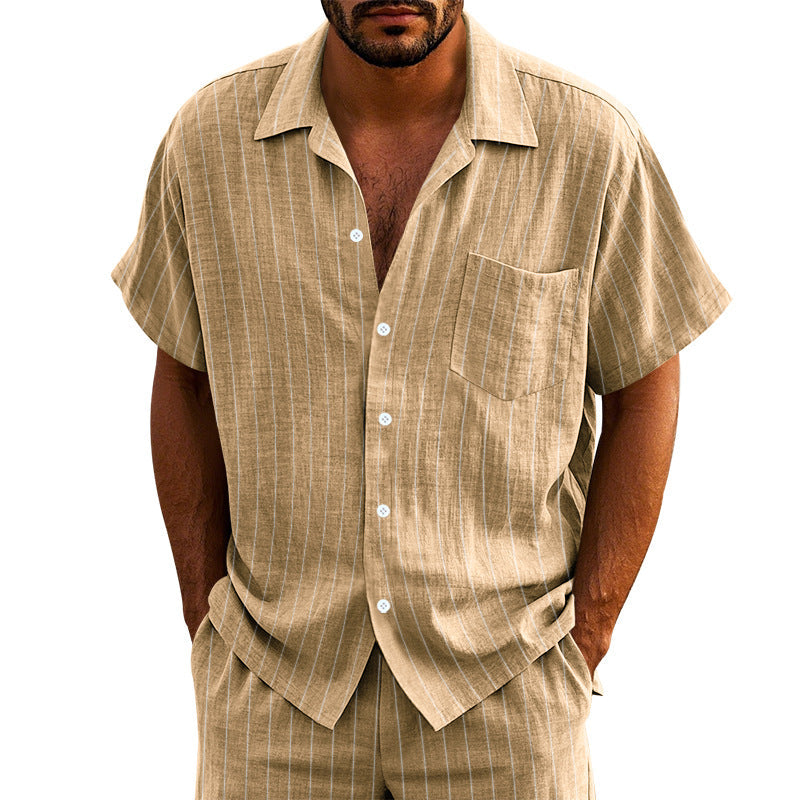 Men's Linen Jacquard Vertical Stripe Lapel Casual Short Sleeve