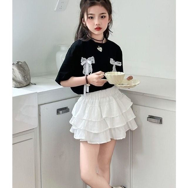 Girls' Two-Piece Cake Skirt Set with Short Sleeve Top