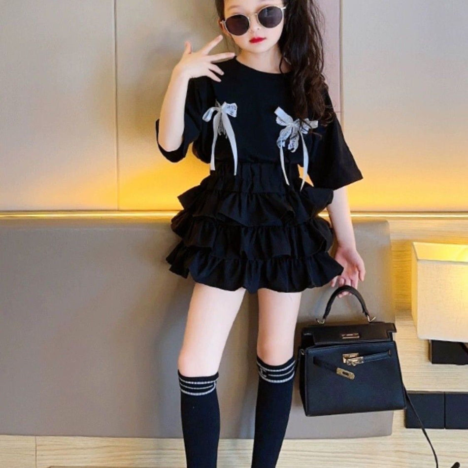 Girls' Two-Piece Cake Skirt Set with Short Sleeve Top