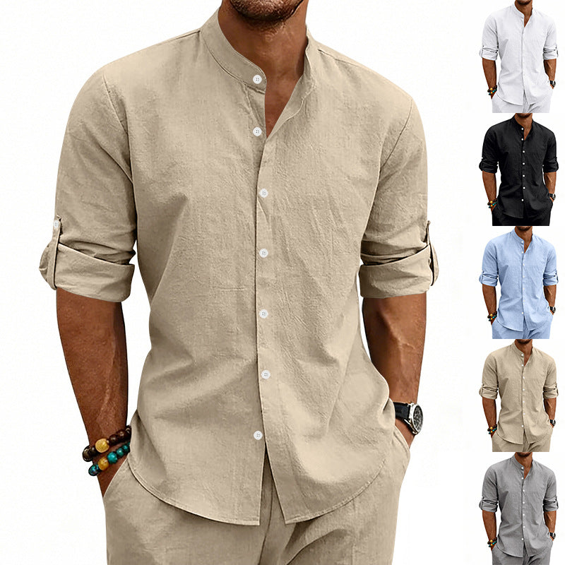 Men's Linen Stand Collar Long Sleeve Casual Commuter Shirt Loose