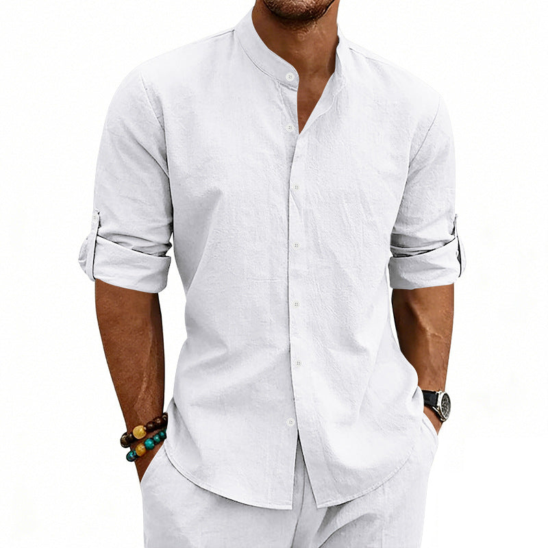 Men's Linen Stand Collar Long Sleeve Casual Commuter Shirt Loose