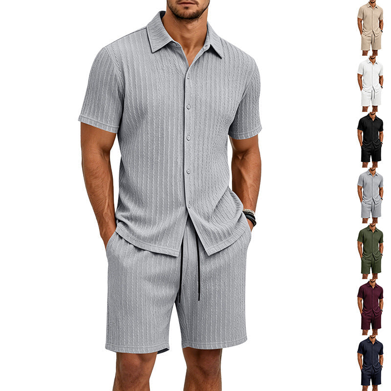 Men's Jacquard Lapel Short Sleeve Casual Summer Home Set