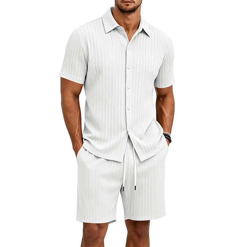 Men's Jacquard Lapel Short Sleeve Casual Summer Home Set