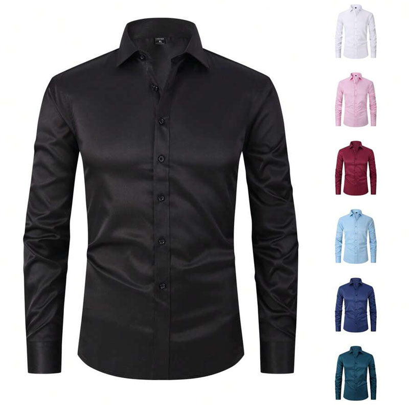 Men's Stretch Slim Fit Solid Color Long Sleeve Casual Shirt