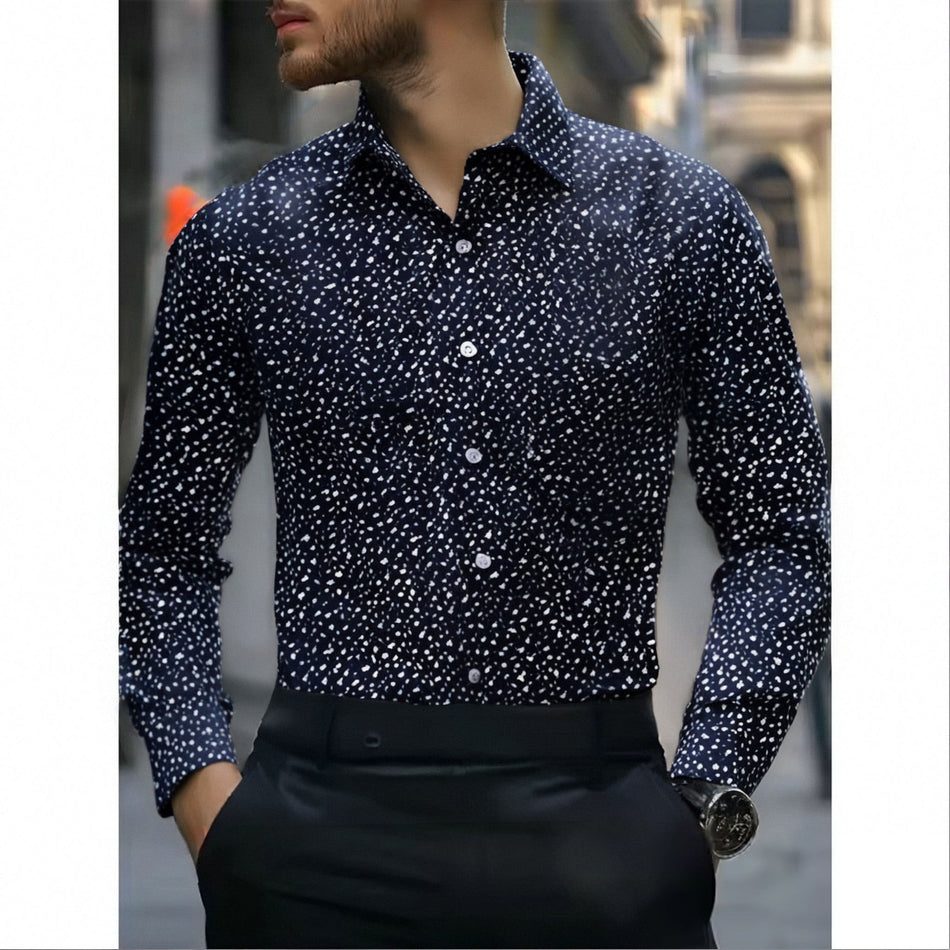 Men's Printed Lapel Long Sleeve Casual Loose Fit Shirt