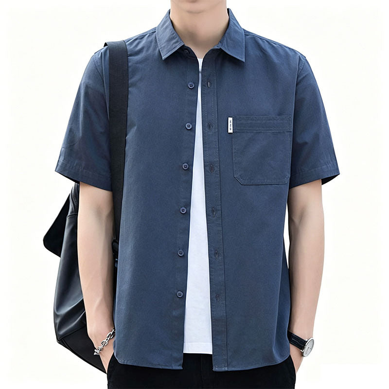 Men's Cotton Loose Fit Solid Color Short Sleeve Summer Shirt