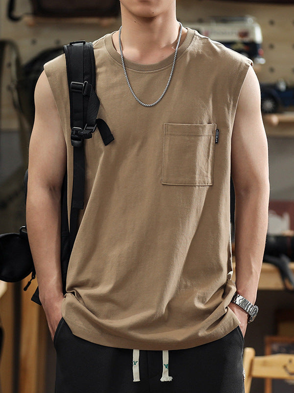 Men's Retro Solid Color Sleeveless Fitness Tank Top Loose Fit