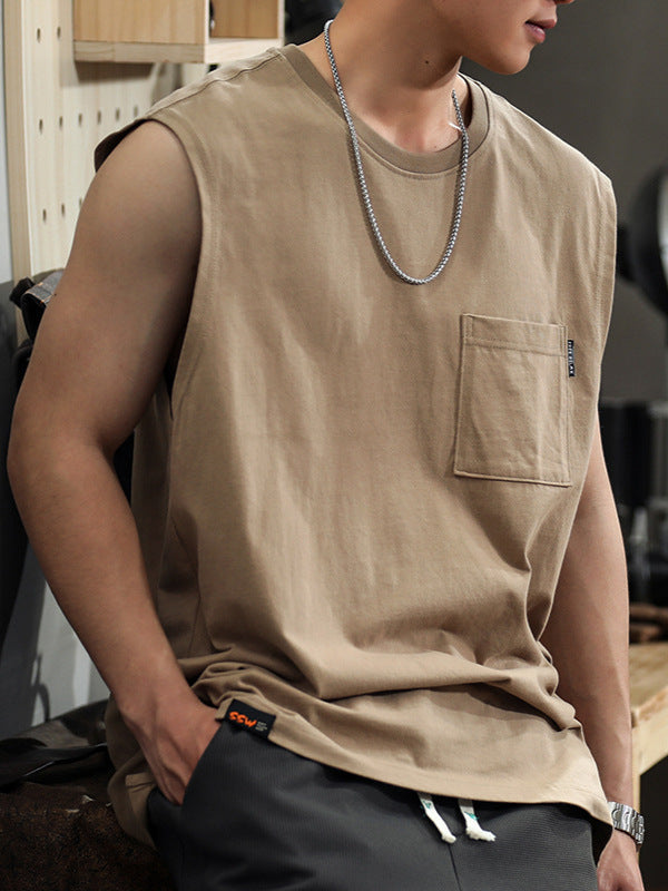 Men's Retro Solid Color Sleeveless Fitness Tank Top Loose Fit
