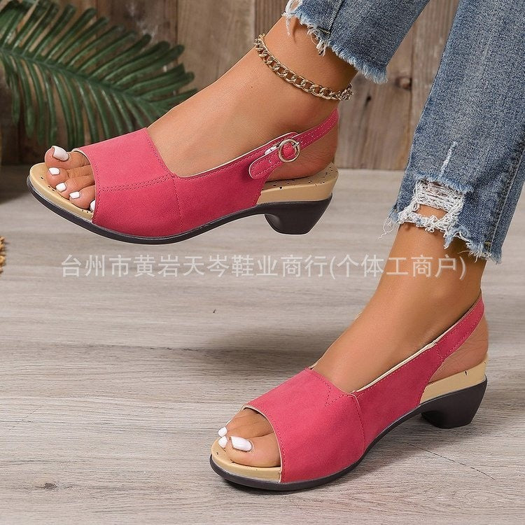 Women's Peep Toe Chunky Heel Buckle Sandals