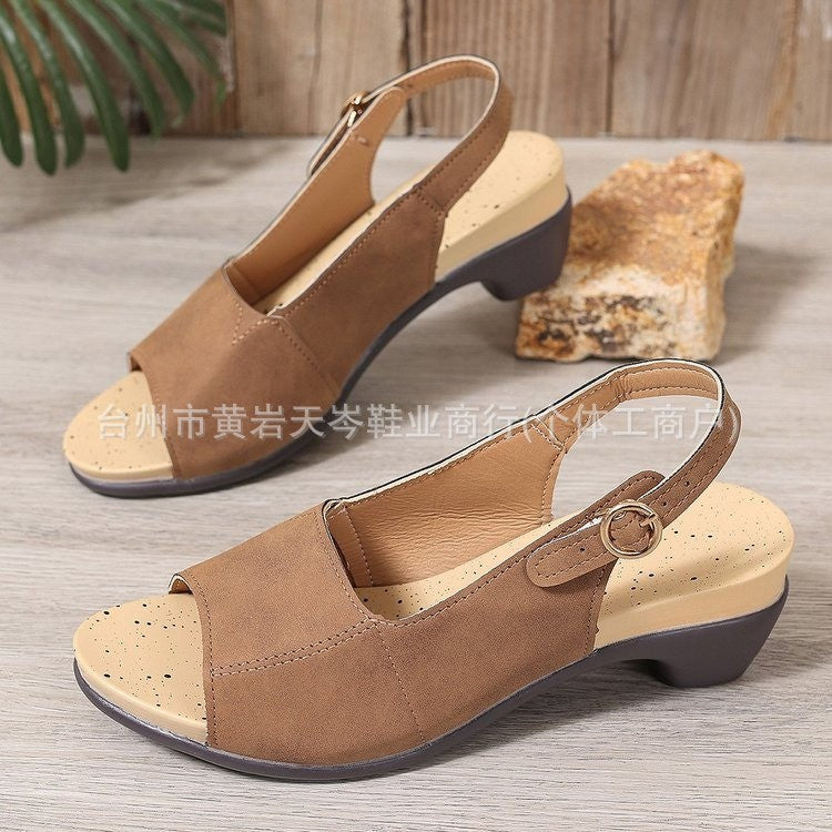 Women's Peep Toe Chunky Heel Buckle Sandals
