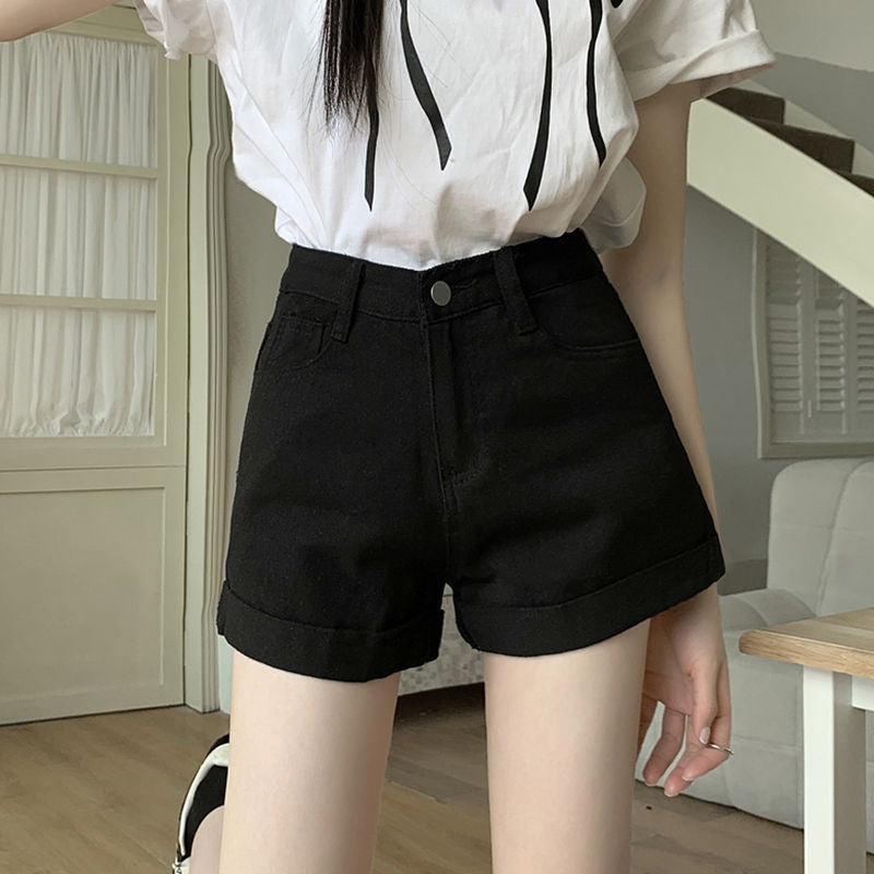 Women's High-Waist Black Denim A-Line Shorts
