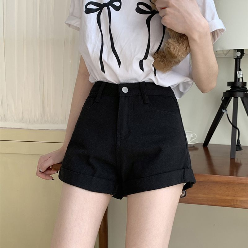 Women's High-Waist Black Denim A-Line Shorts