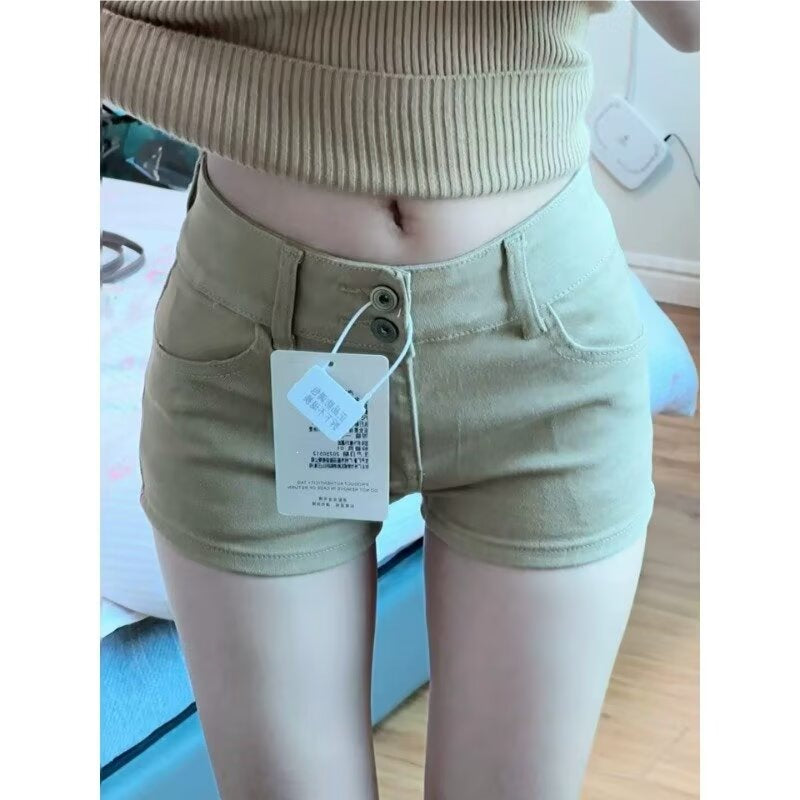 Women's Khaki Retro Denim Slim Straight-Leg Shorts