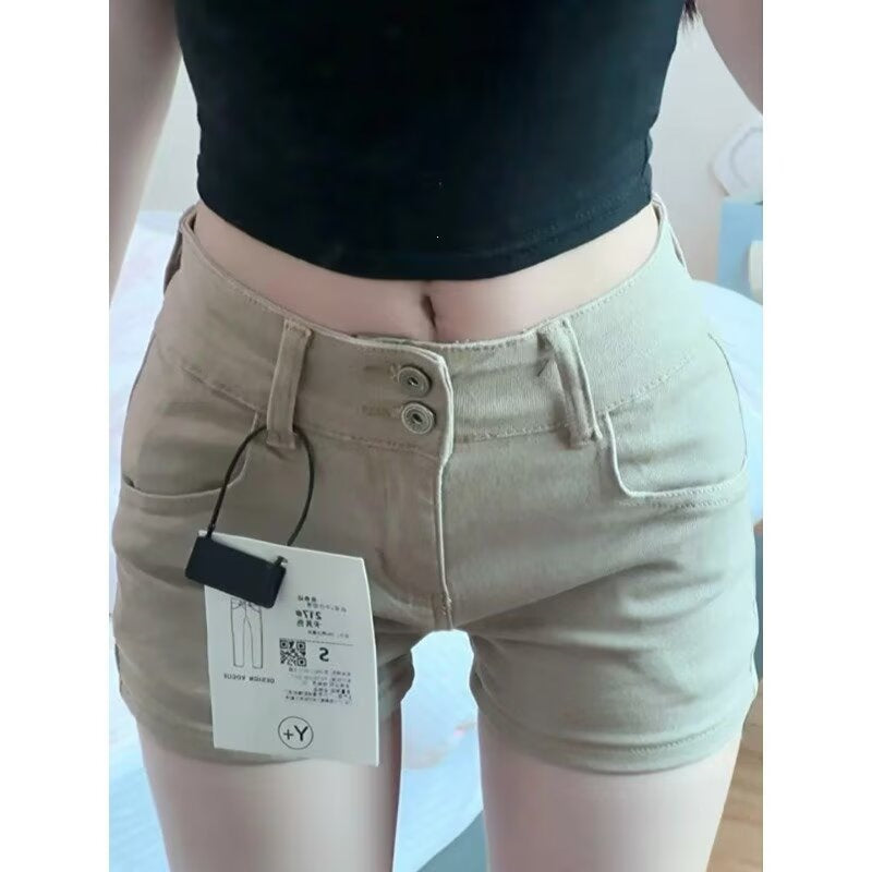 Women's Khaki Retro Denim Slim Straight-Leg Shorts