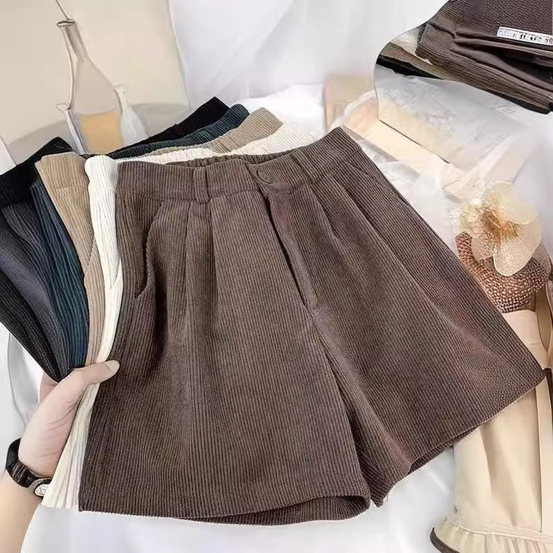 Women's High-Waist Corduroy Wide-Leg Casual Shorts