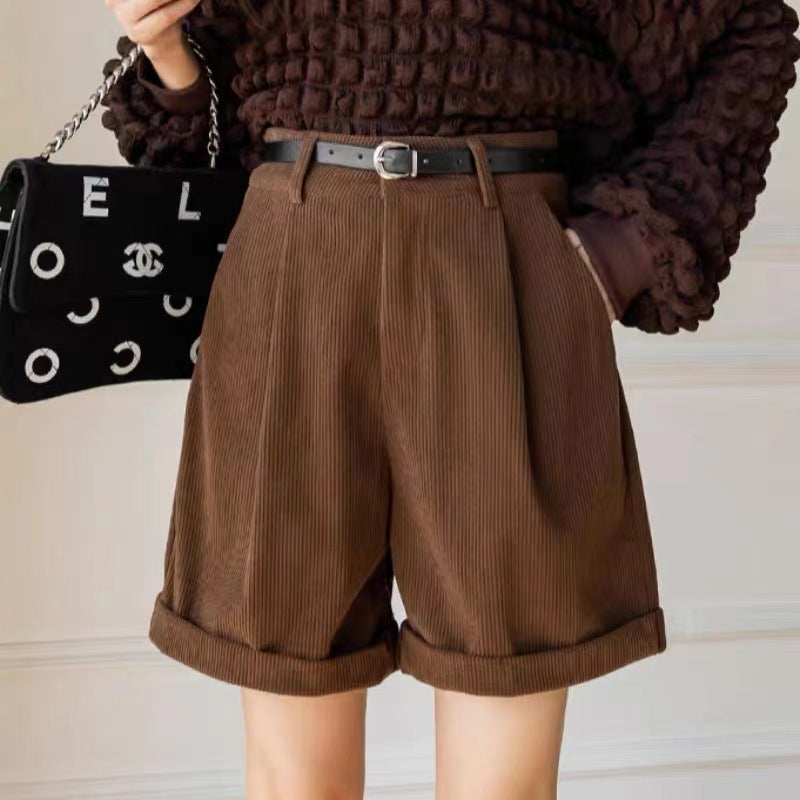 Women's High-Waist Corduroy A-Line Knee-Length Shorts